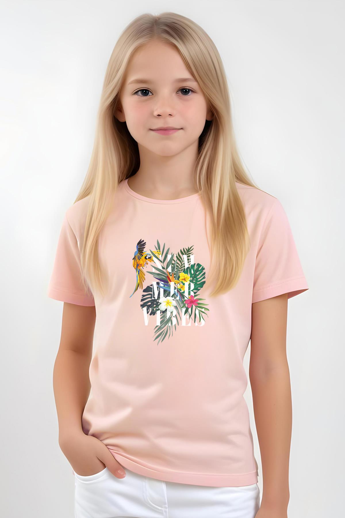 KIZ ÇOCUK BASİC SUMMER PAPAĞAN BASKILI T-SHİRT