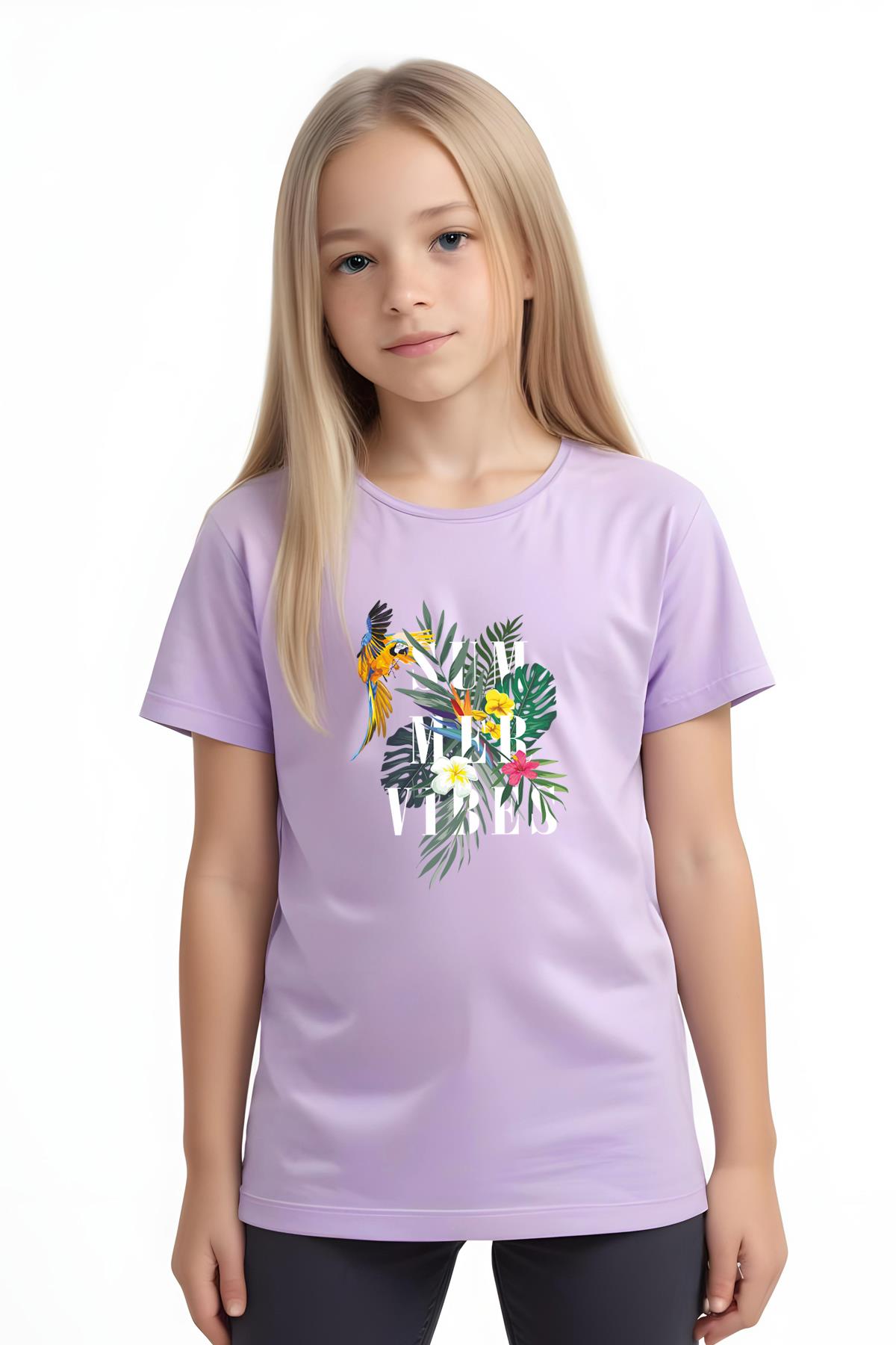KIZ ÇOCUK BASİC SUMMER PAPAĞAN BASKILI T-SHİRT