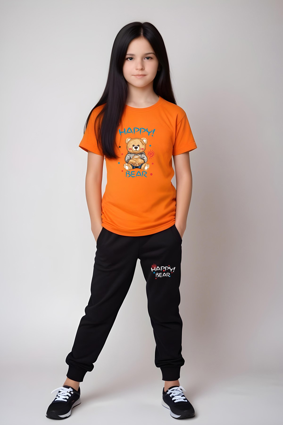 KIZ ÇOCUK BASKILI HAPPY BEAR BEL DETAYI LASTİKLİ ALT-ÜST PİJAMA TAKIMI