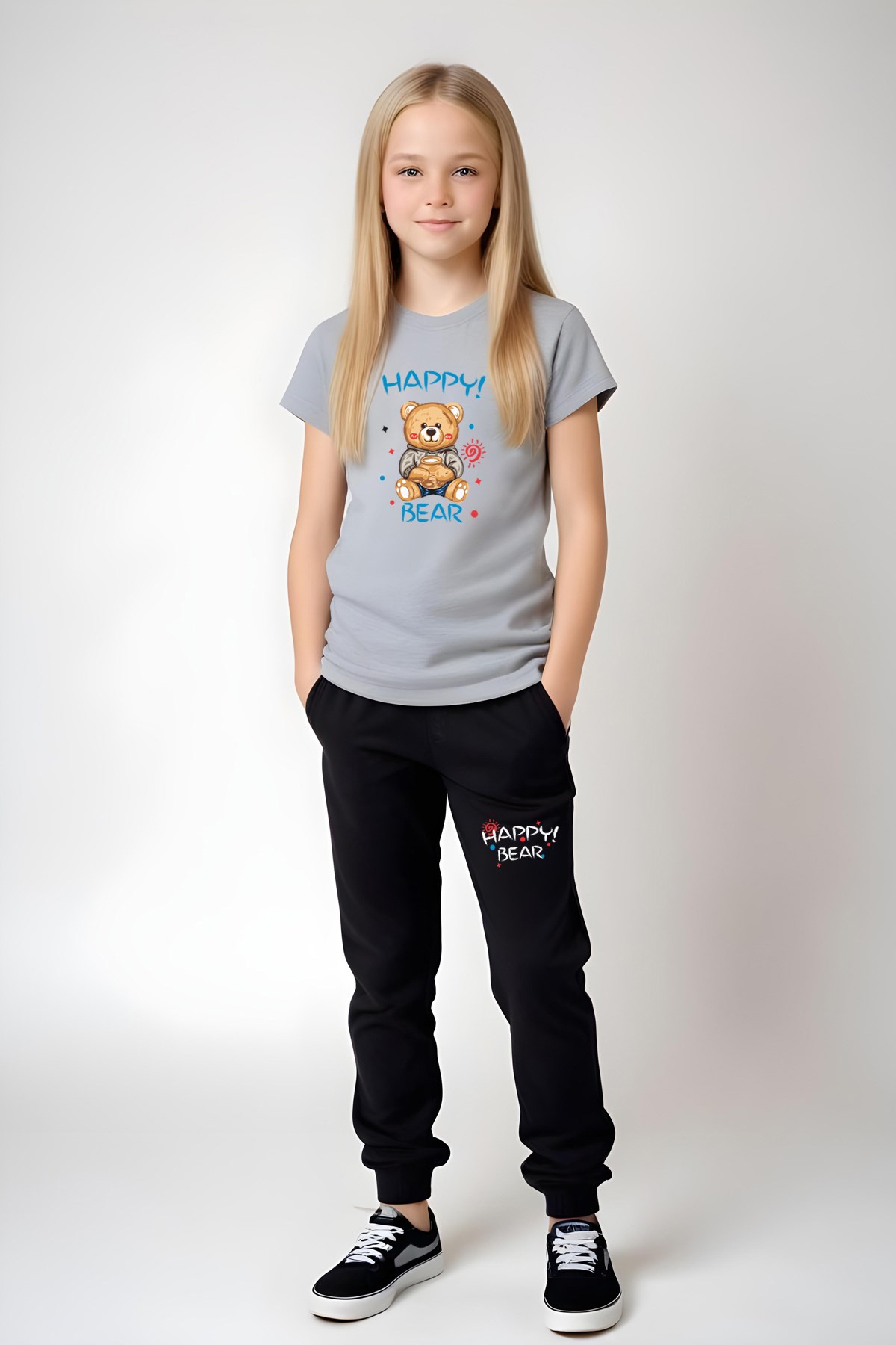 KIZ ÇOCUK BASKILI HAPPY BEAR BEL DETAYI LASTİKLİ ALT-ÜST PİJAMA TAKIMI