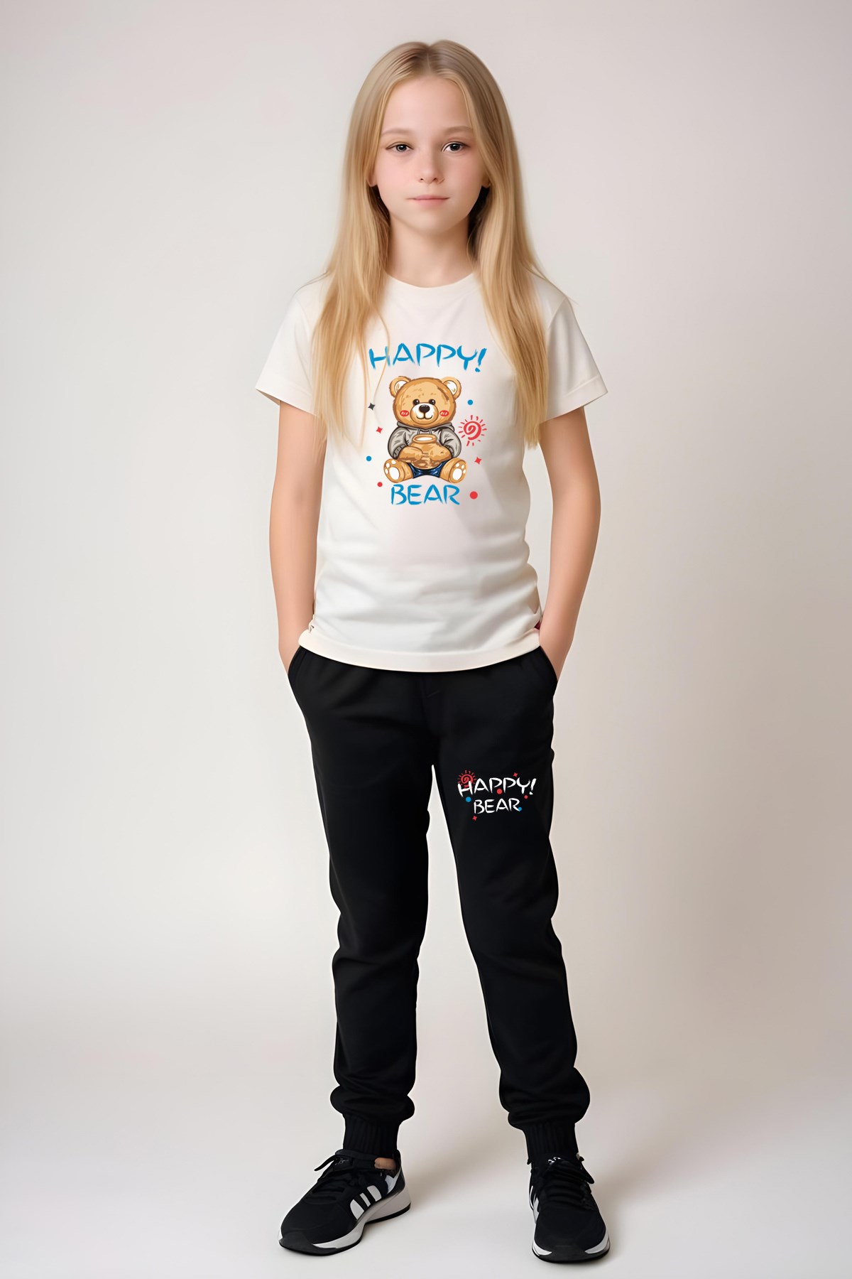 KIZ ÇOCUK BASKILI HAPPY BEAR BEL DETAYI LASTİKLİ ALT-ÜST PİJAMA TAKIMI