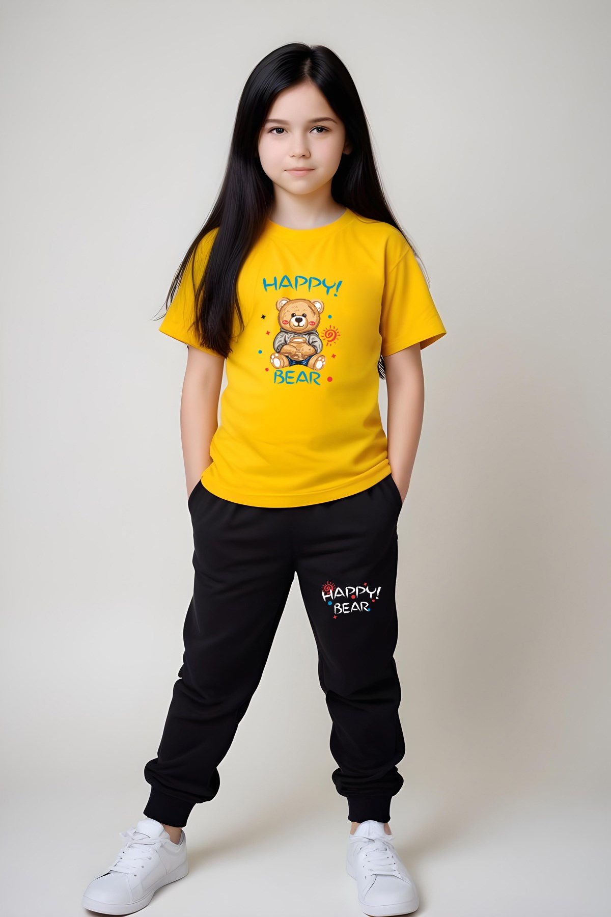 KIZ ÇOCUK BASKILI HAPPY BEAR BEL DETAYI LASTİKLİ ALT-ÜST PİJAMA TAKIMI