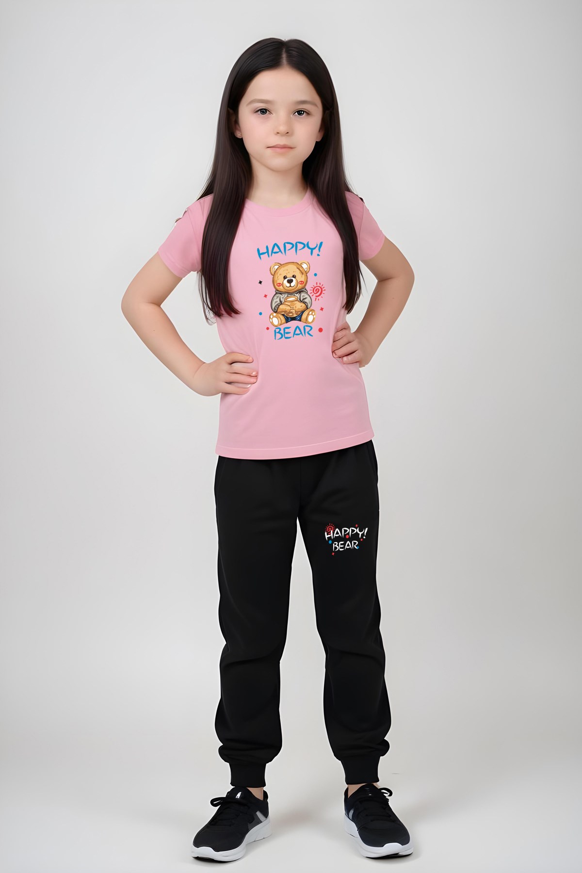 Kiz Çocuk Baskili Happy Bear Bel Detayi Lasti̇kli̇ Alt-üst Pi̇jama Takimi