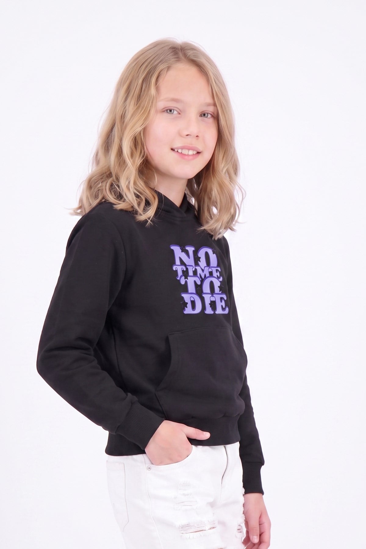 Kız Çocuk Baskılı Kanguru Cepli Uzun Kollu Kapüşonlu Sweatshirt