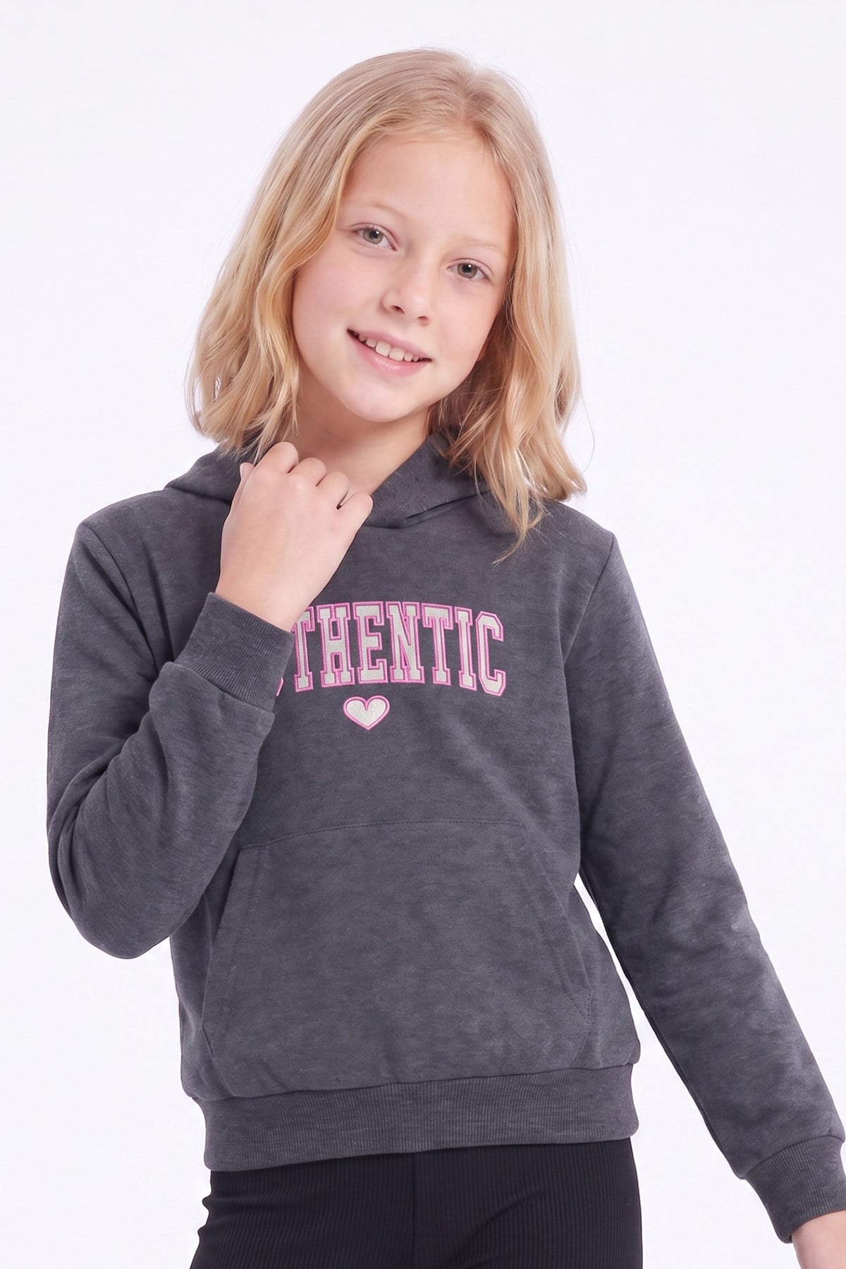 Kız Çocuk Baskılı Kanguru Cepli Uzun Kollu Kapüşonlu Sweatshirt