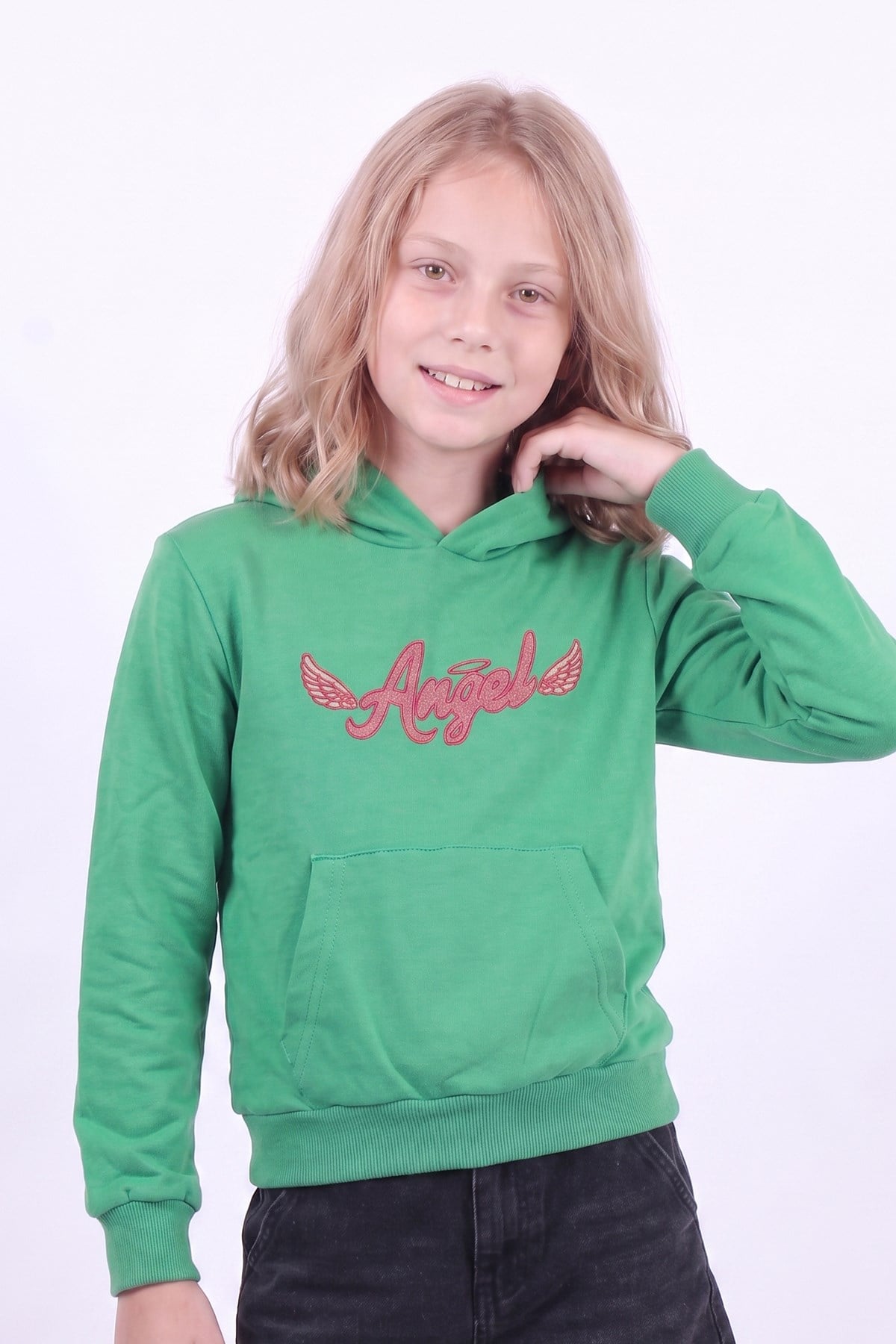 Kız Çocuk Baskılı Kanguru Cepli Uzun Kollu Kapüşonlu Sweatshirt