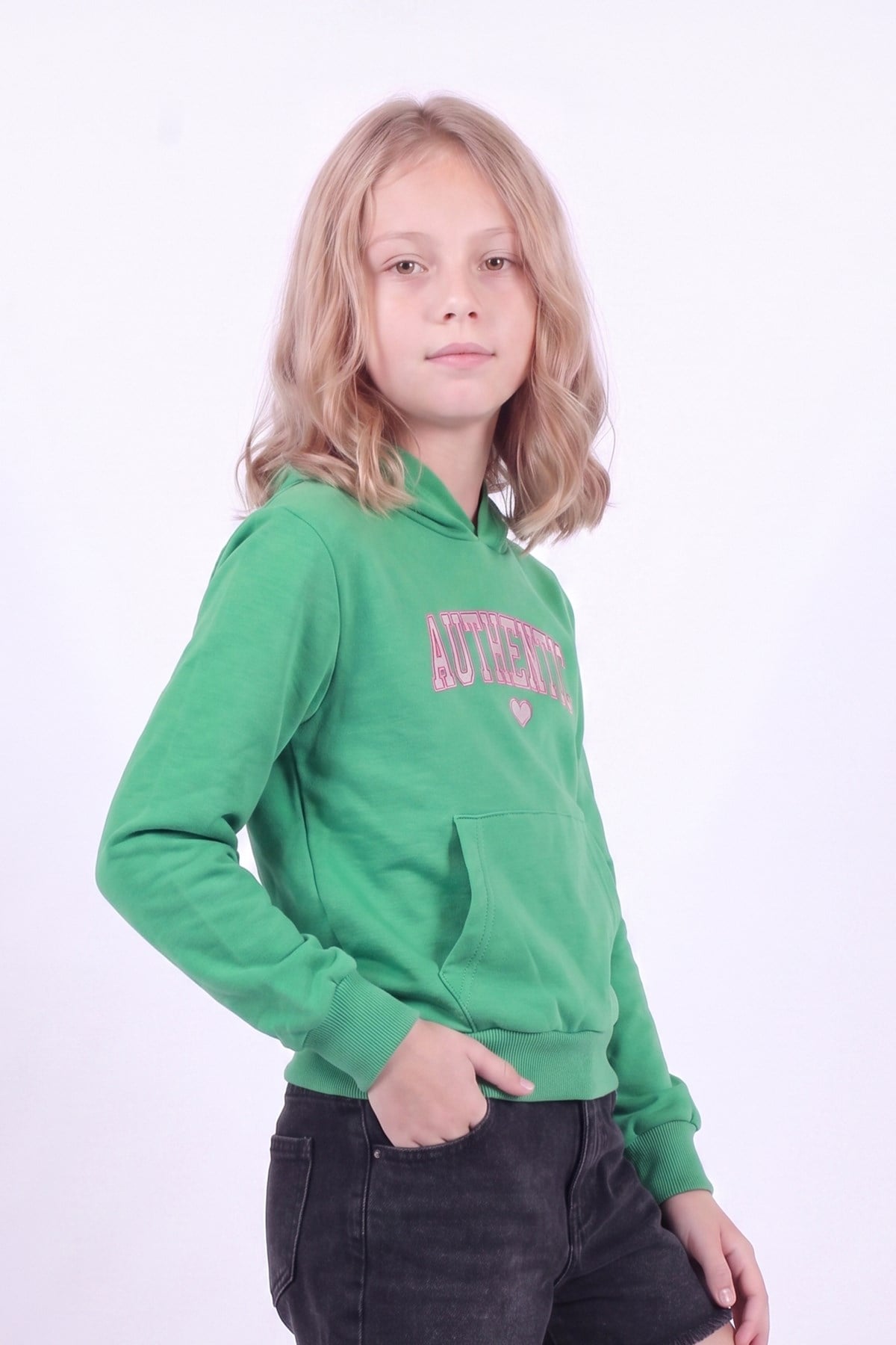 Kız Çocuk Baskılı Kanguru Cepli Uzun Kollu Kapüşonlu Sweatshirt
