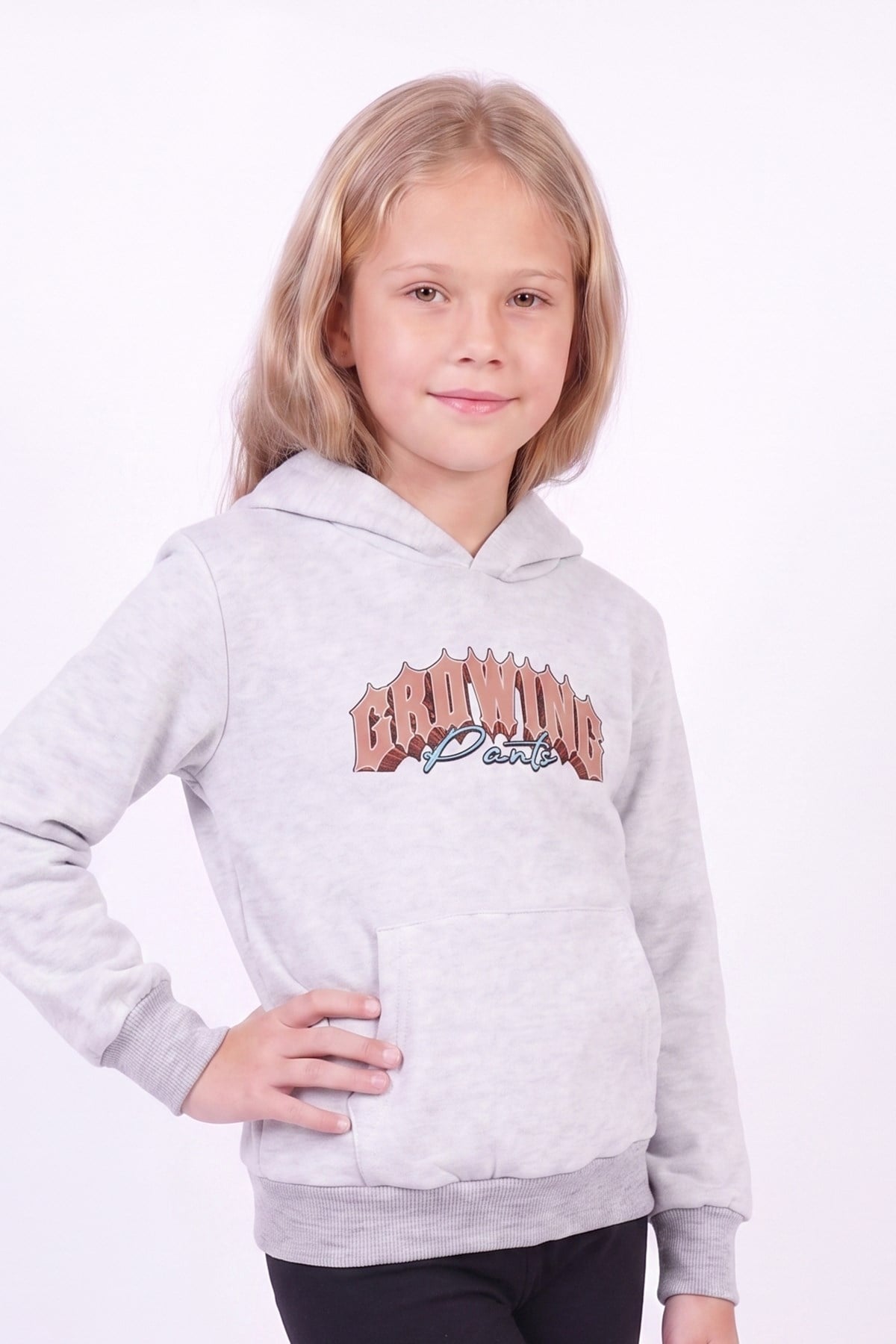 Kız Çocuk Baskılı Kanguru Cepli Uzun Kollu Kapüşonlu Sweatshirt