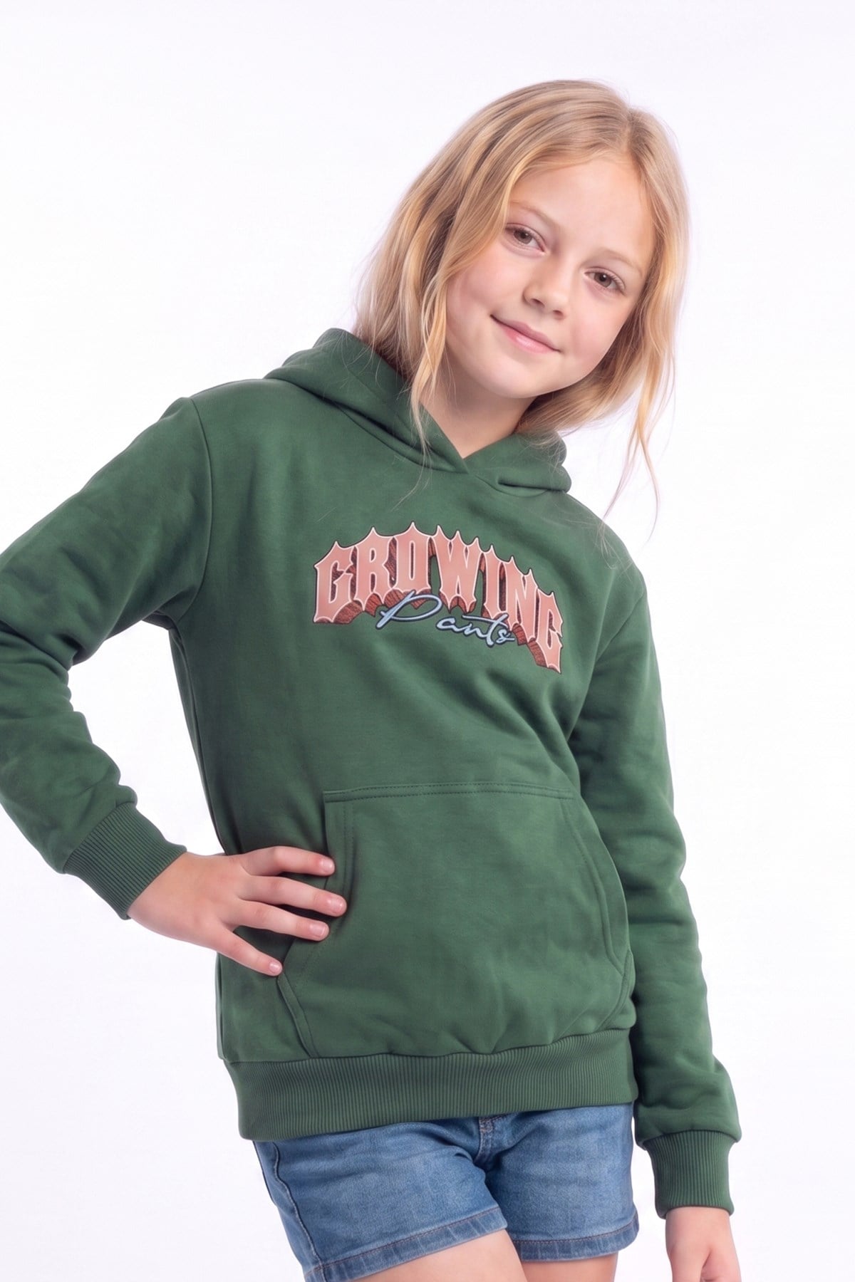Kız Çocuk Baskılı Kanguru Cepli Uzun Kollu Kapüşonlu Sweatshirt