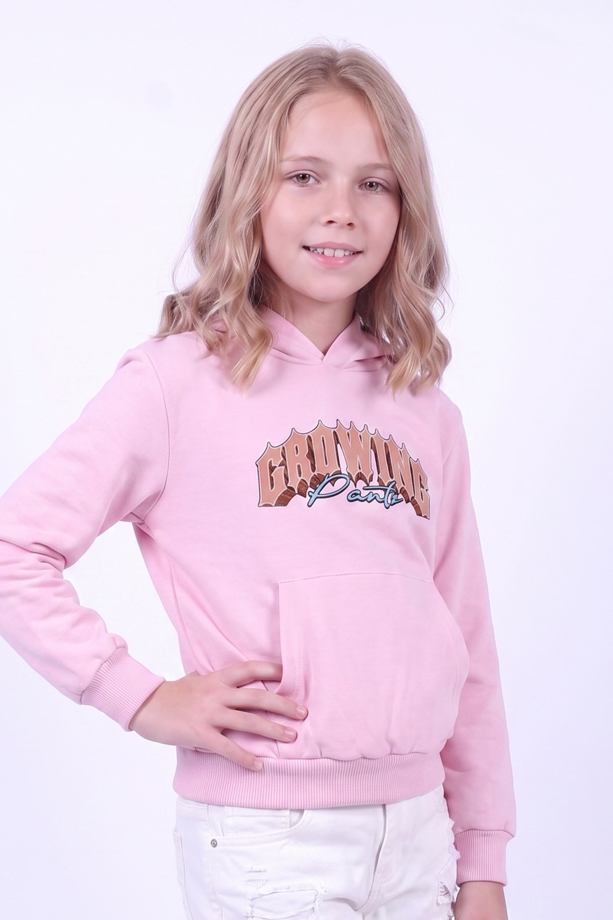 Kız Çocuk Baskılı Kanguru Cepli Uzun Kollu Kapüşonlu Sweatshirt