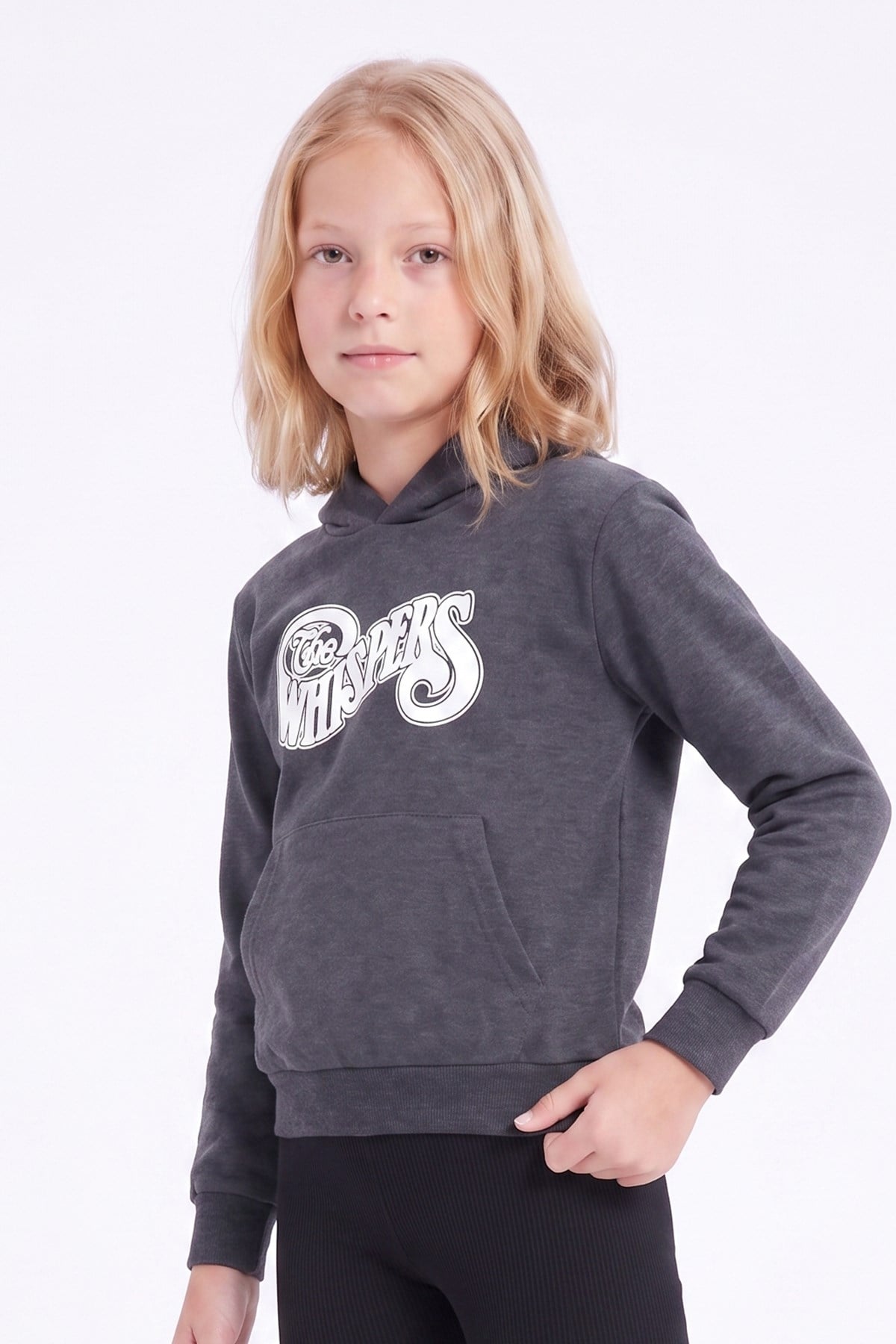 Kız Çocuk Baskılı Kanguru Cepli Uzun Kollu Kapüşonlu Sweatshirt