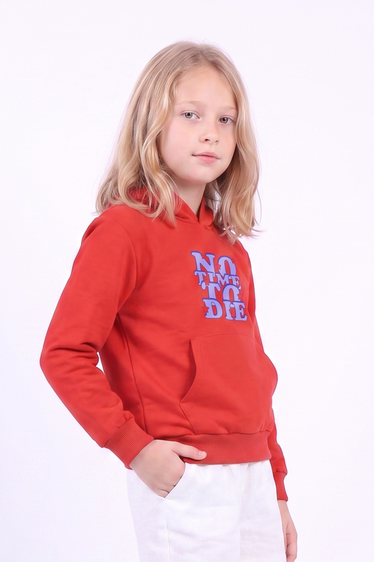 Kız Çocuk Baskılı Kanguru Cepli Uzun Kollu Kapüşonlu Sweatshirt
