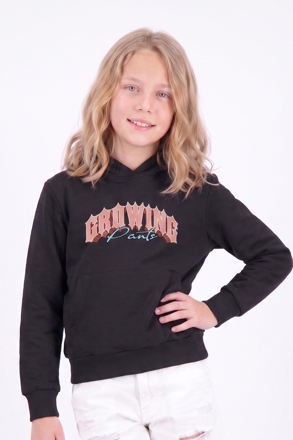 Kız Çocuk Baskılı Kanguru Cepli Uzun Kollu Kapüşonlu Sweatshirt