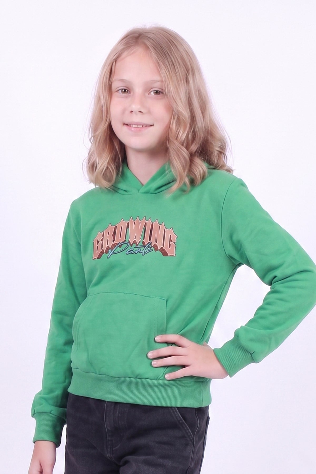 Kız Çocuk Baskılı Kanguru Cepli Uzun Kollu Kapüşonlu Sweatshirt
