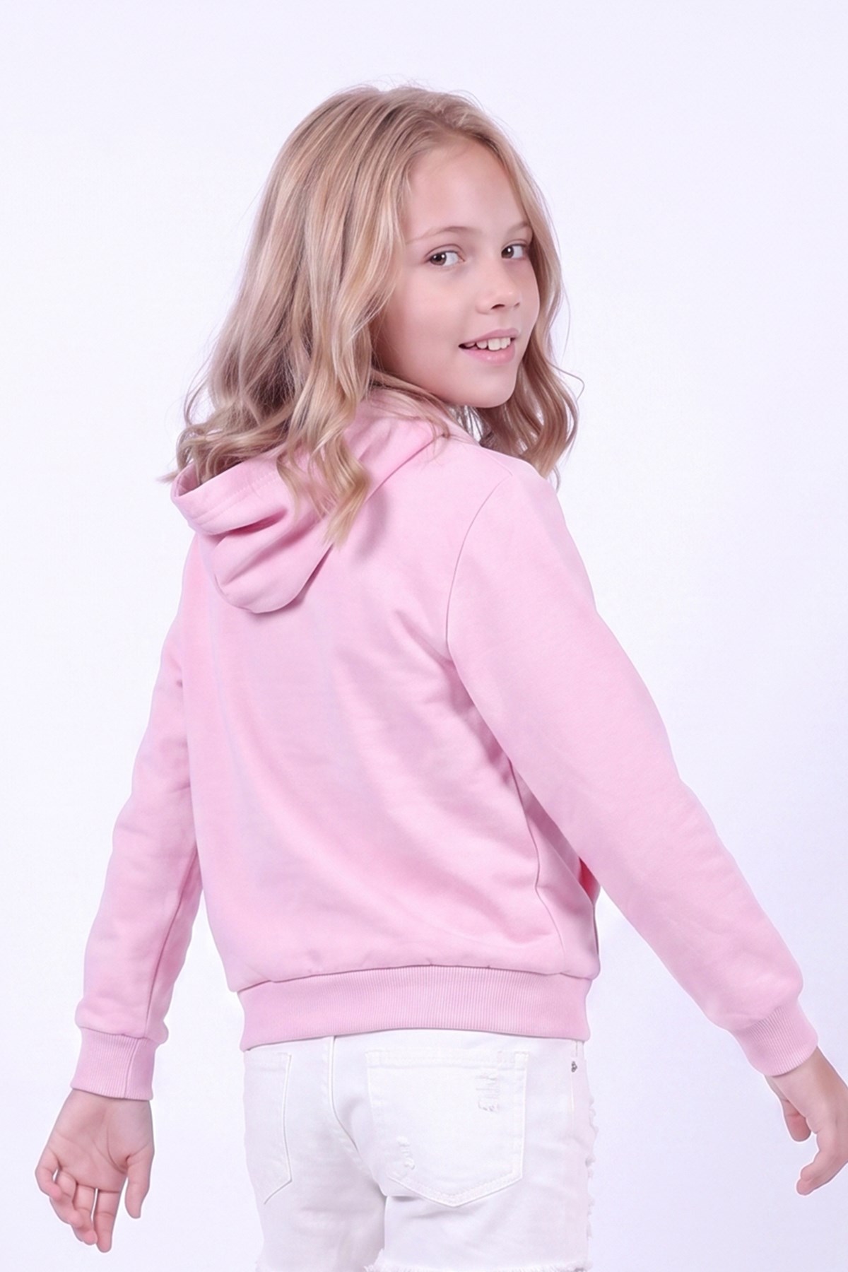 Kız Çocuk Baskılı Kanguru Cepli Uzun Kollu Kapüşonlu Sweatshirt