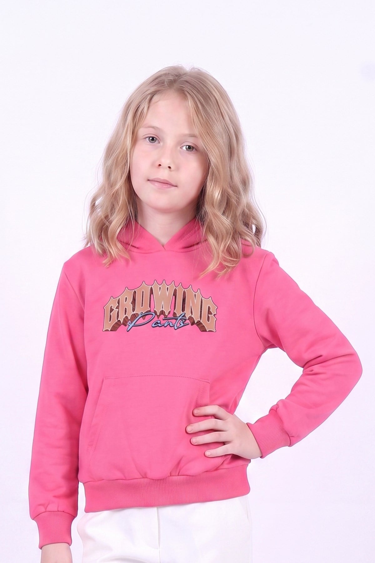 Kız Çocuk Baskılı Kanguru Cepli Uzun Kollu Kapüşonlu Sweatshirt