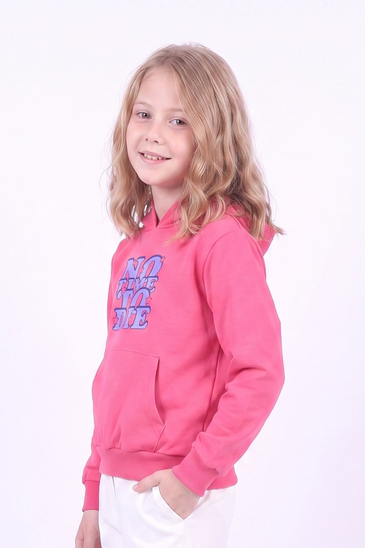 Kız Çocuk Baskılı Kanguru Cepli Uzun Kollu Kapüşonlu Sweatshirt