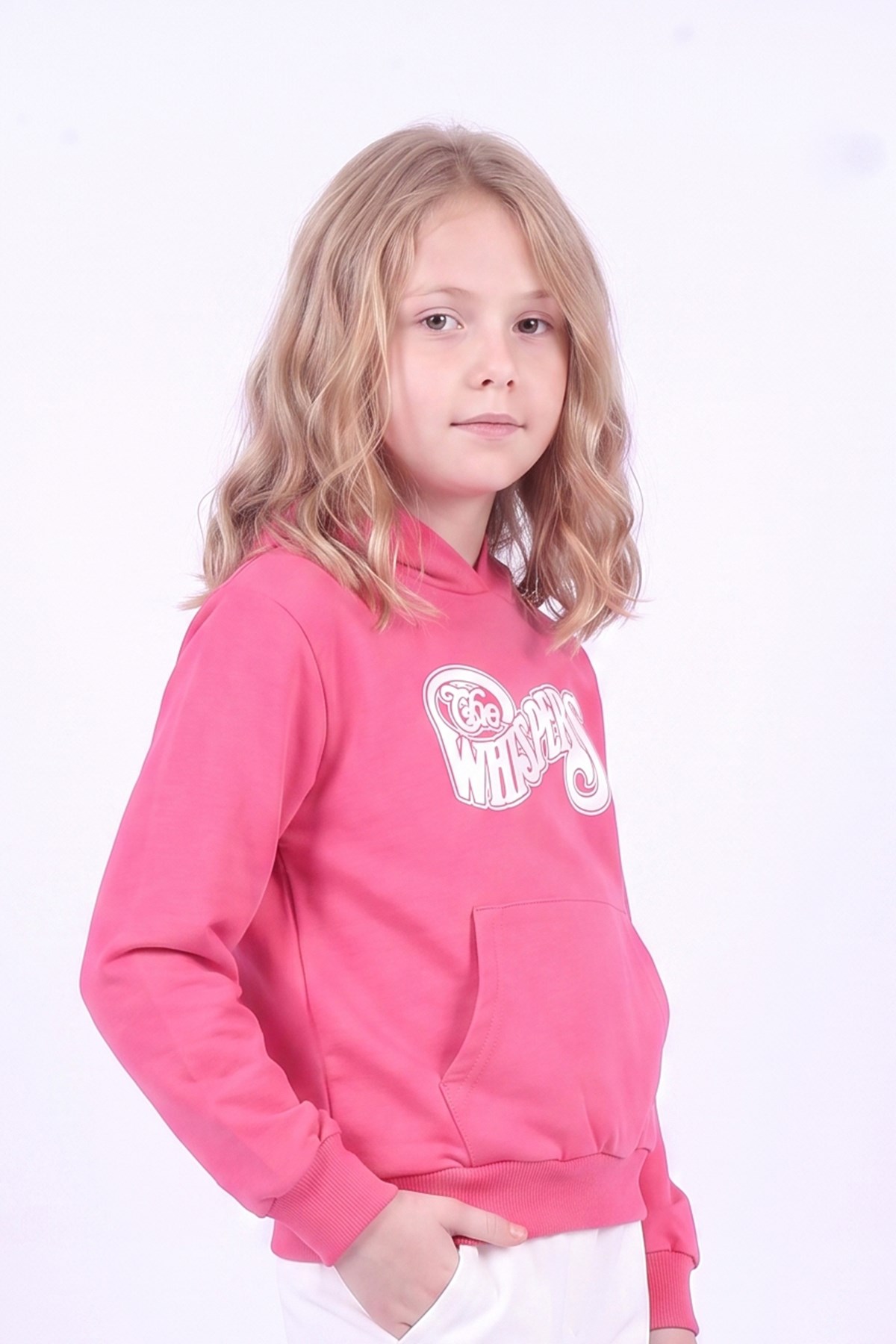 Kız Çocuk Baskılı Kanguru Cepli Uzun Kollu Kapüşonlu Sweatshirt