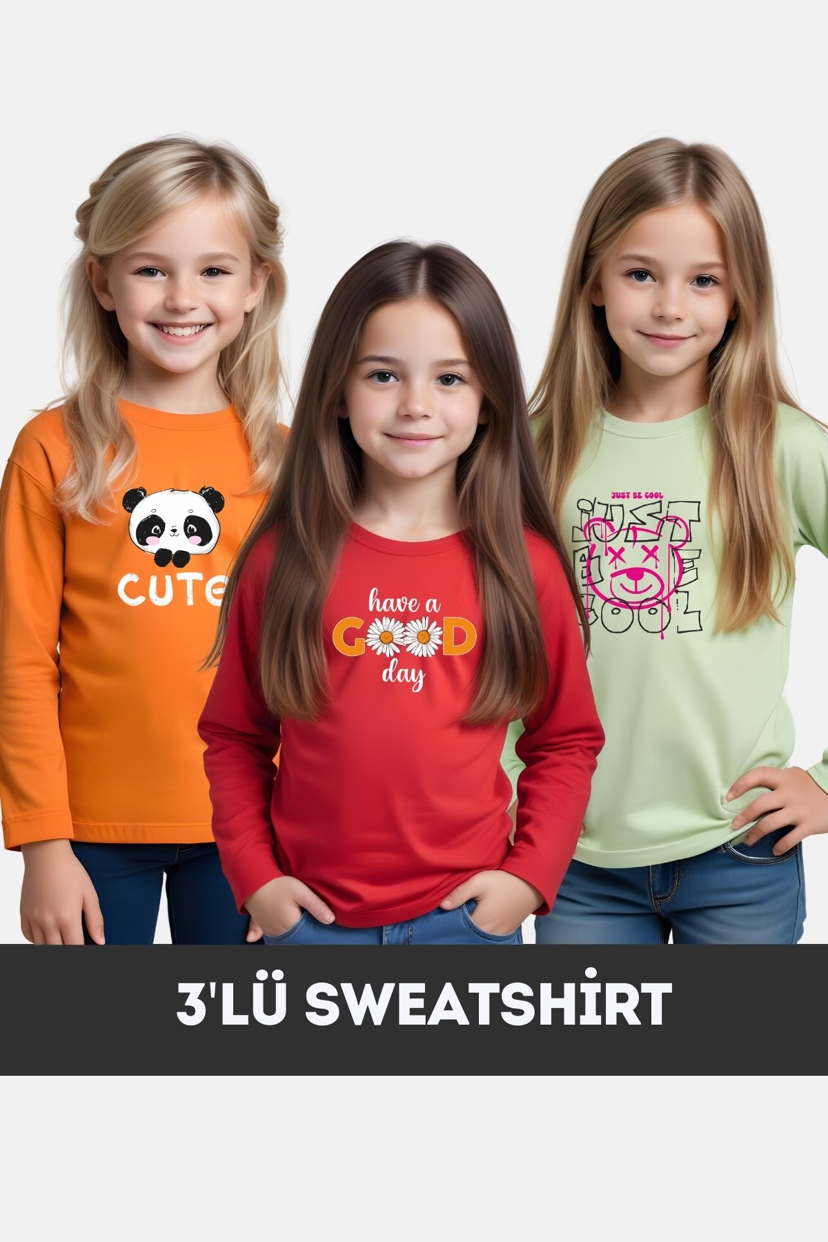 KIZ ÇOCUK BİSİKLET YAKA 3'LÜ BASİC SWEATSHİRT