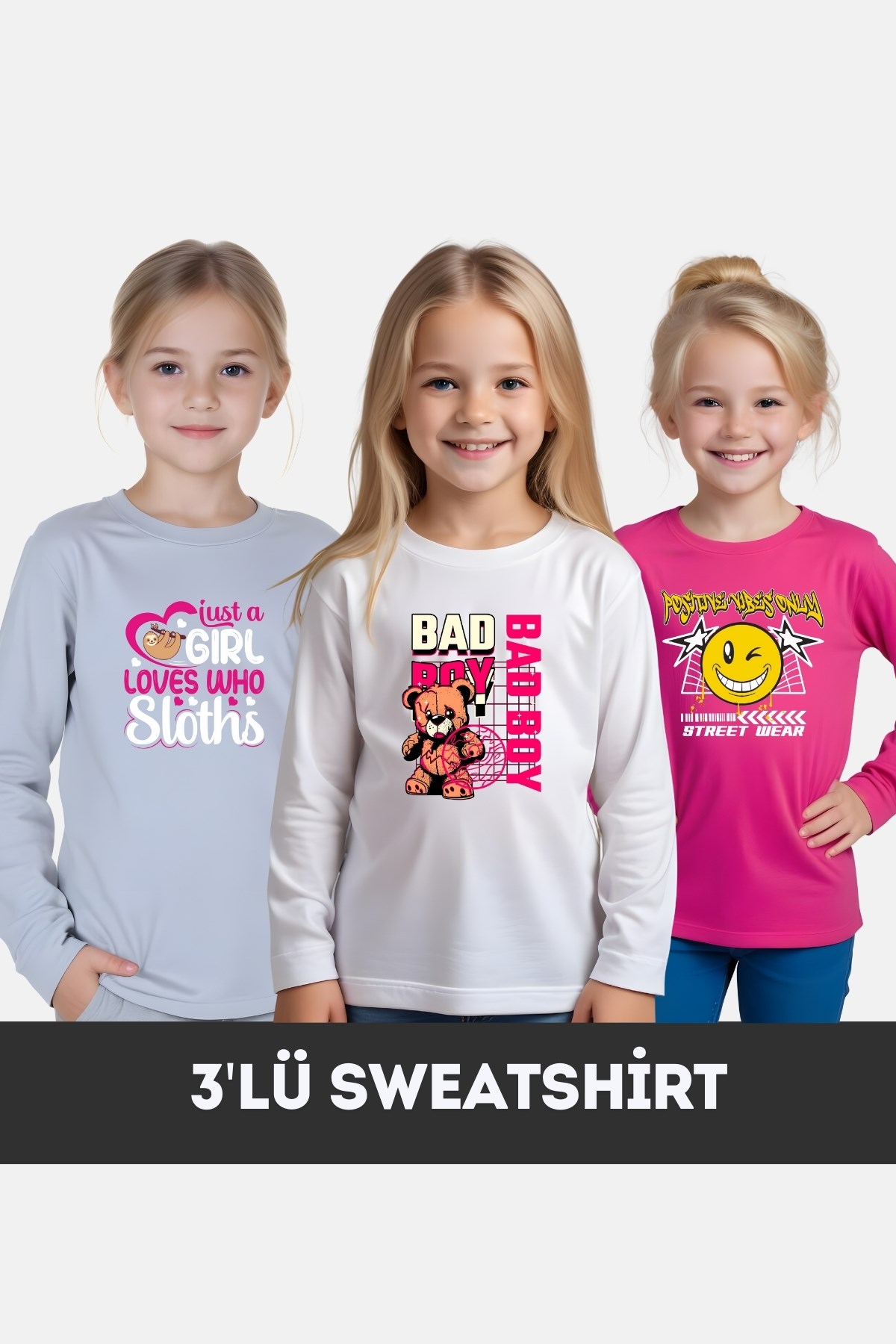 KIZ ÇOCUK BİSİKLET YAKA 3'LÜ BASİC SWEATSHİRT