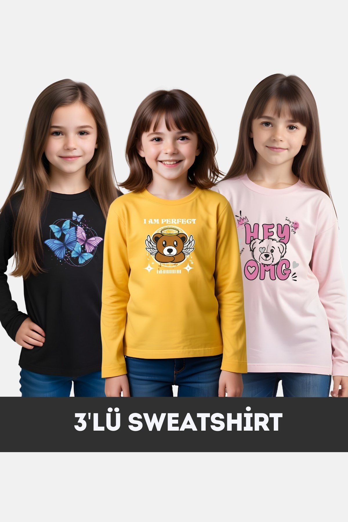 KIZ ÇOCUK BİSİKLET YAKA 3'LÜ BASİC SWEATSHİRT