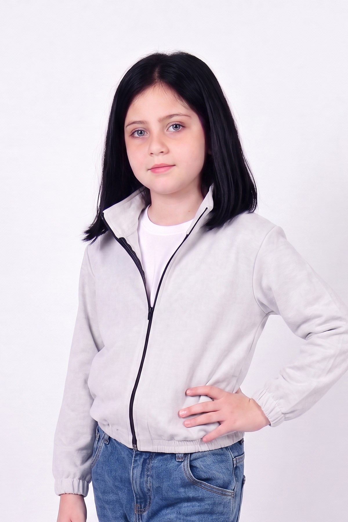 Kız Çocuk Dik Yaka Fermuarlı Basic Sweatshirt