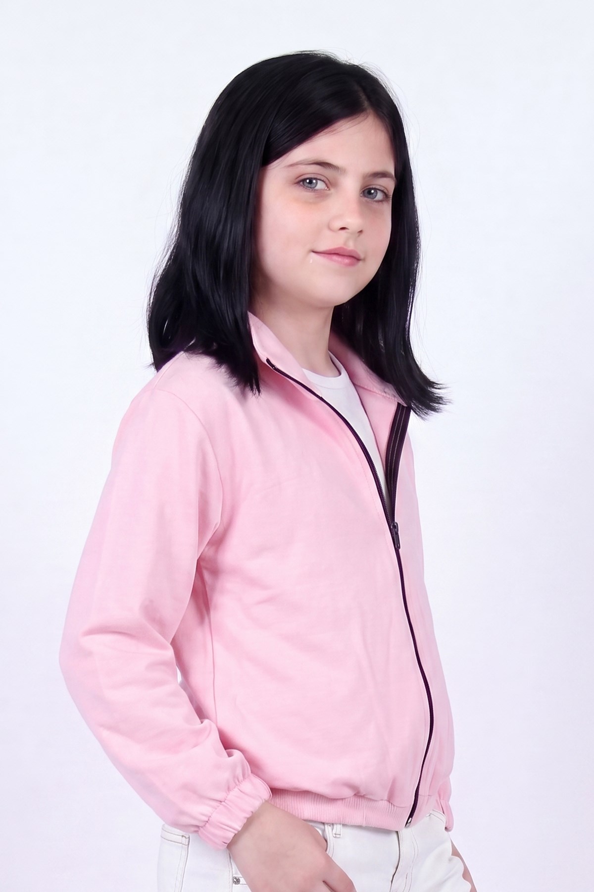 Kız Çocuk Dik Yaka Fermuarlı Basic Sweatshirt