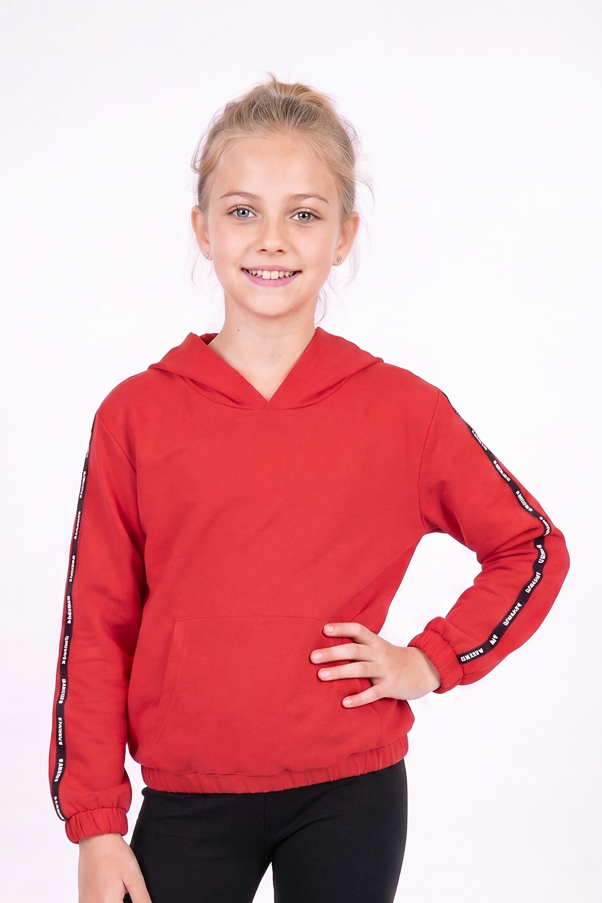 Kız Çocuk Kapüşonlu Kanguru Cepli Şerit Detaylı Sweatshirt