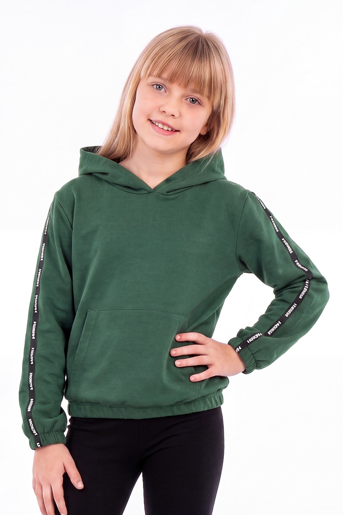 Kız Çocuk Kapüşonlu Kanguru Cepli Şerit Detaylı Sweatshirt