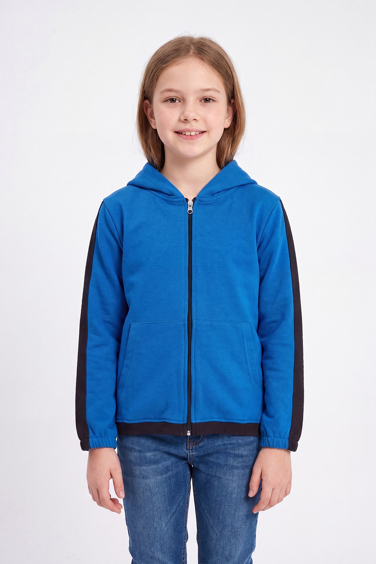 Kız Çocuk Şerit Detaylı Fermuarlı Kapüşonlu Sweatshirt