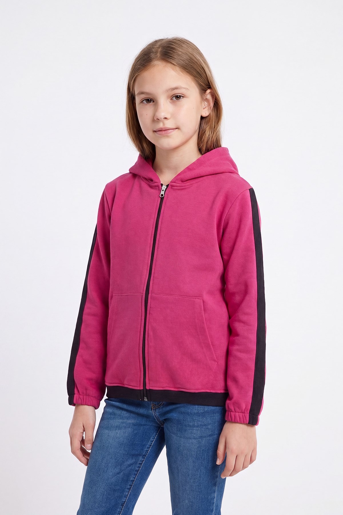Kız Çocuk Şerit Detaylı Fermuarlı Kapüşonlu Sweatshirt