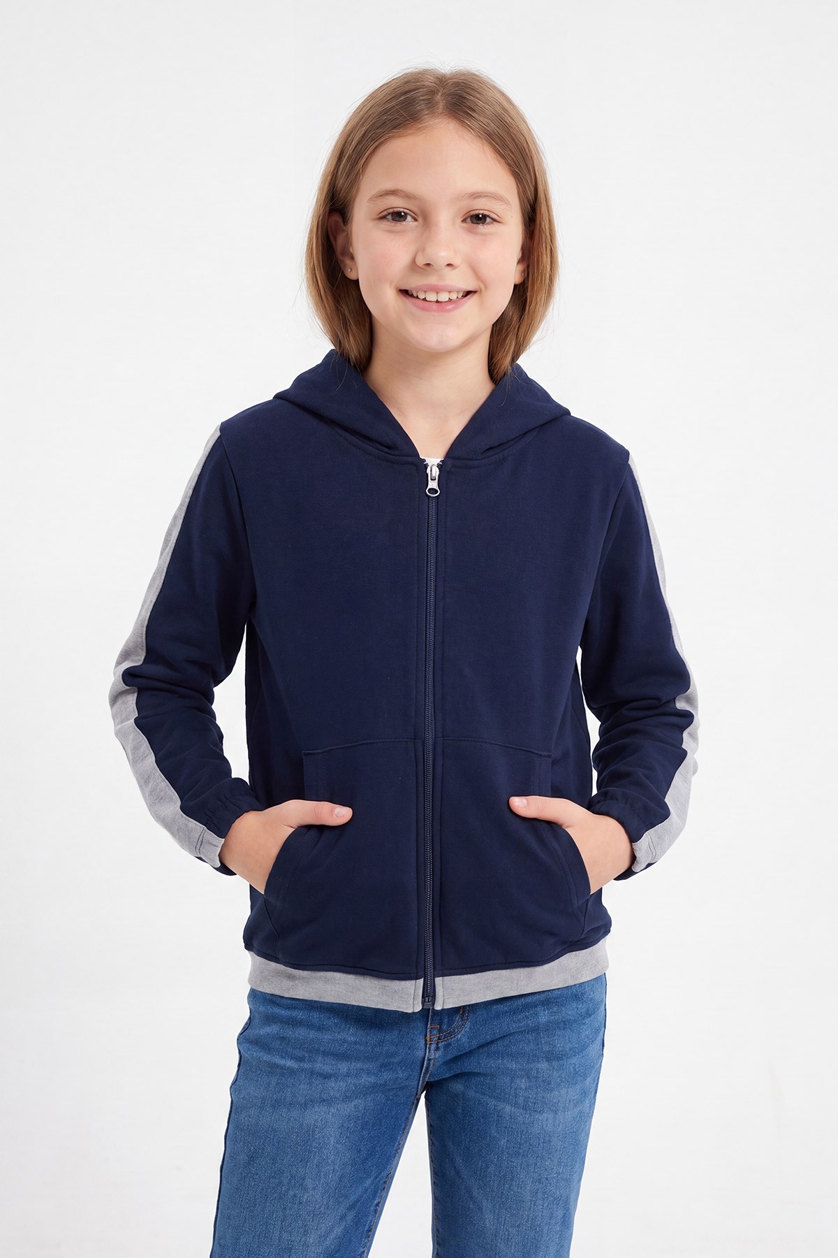 Kız Çocuk Şerit Detaylı Fermuarlı Kapüşonlu Sweatshirt