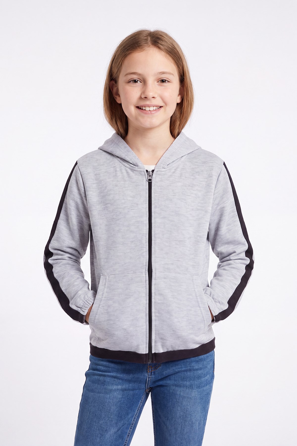 Kız Çocuk Şerit Detaylı Fermuarlı Kapüşonlu Sweatshirt
