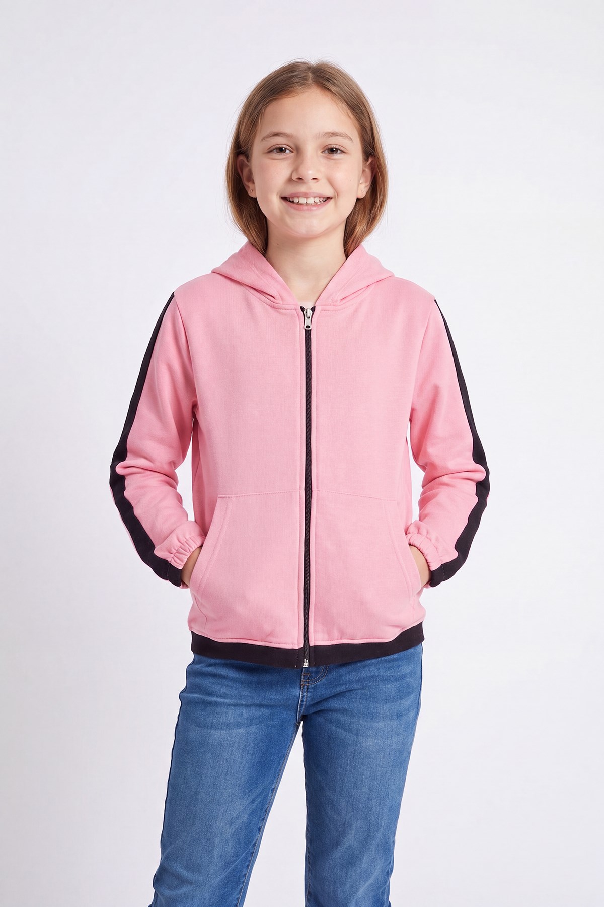 Kız Çocuk Şerit Detaylı Fermuarlı Kapüşonlu Sweatshirt