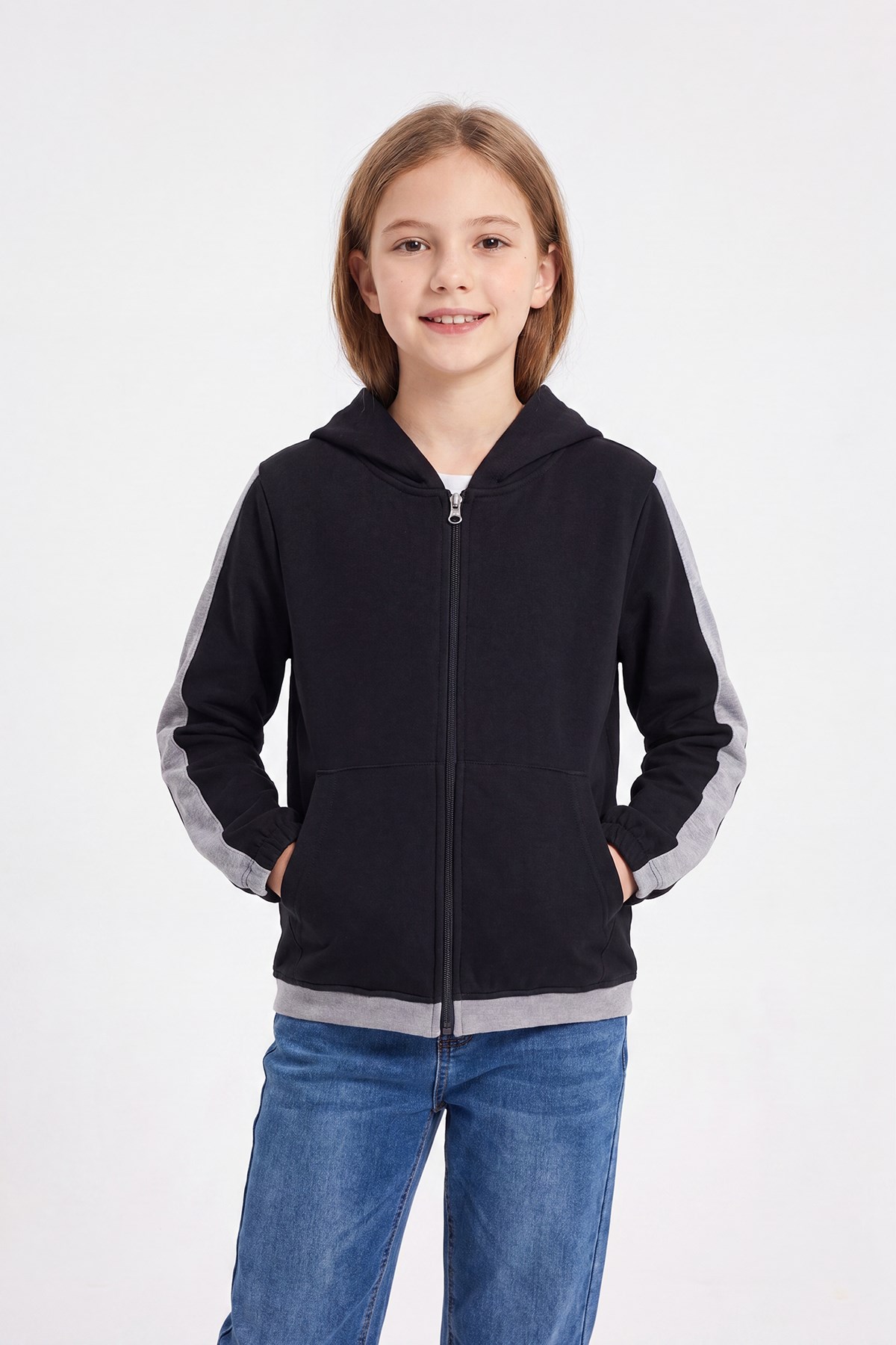 Kız Çocuk Şerit Detaylı Fermuarlı Kapüşonlu Sweatshirt