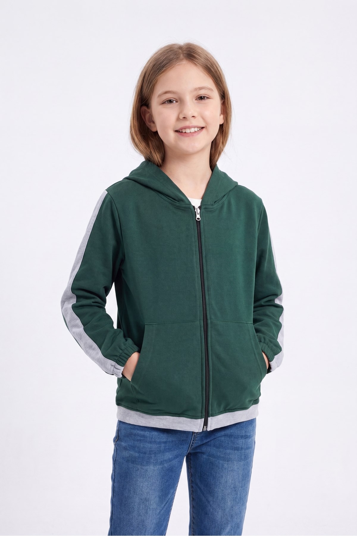 Kız Çocuk Şerit Detaylı Fermuarlı Kapüşonlu Sweatshirt