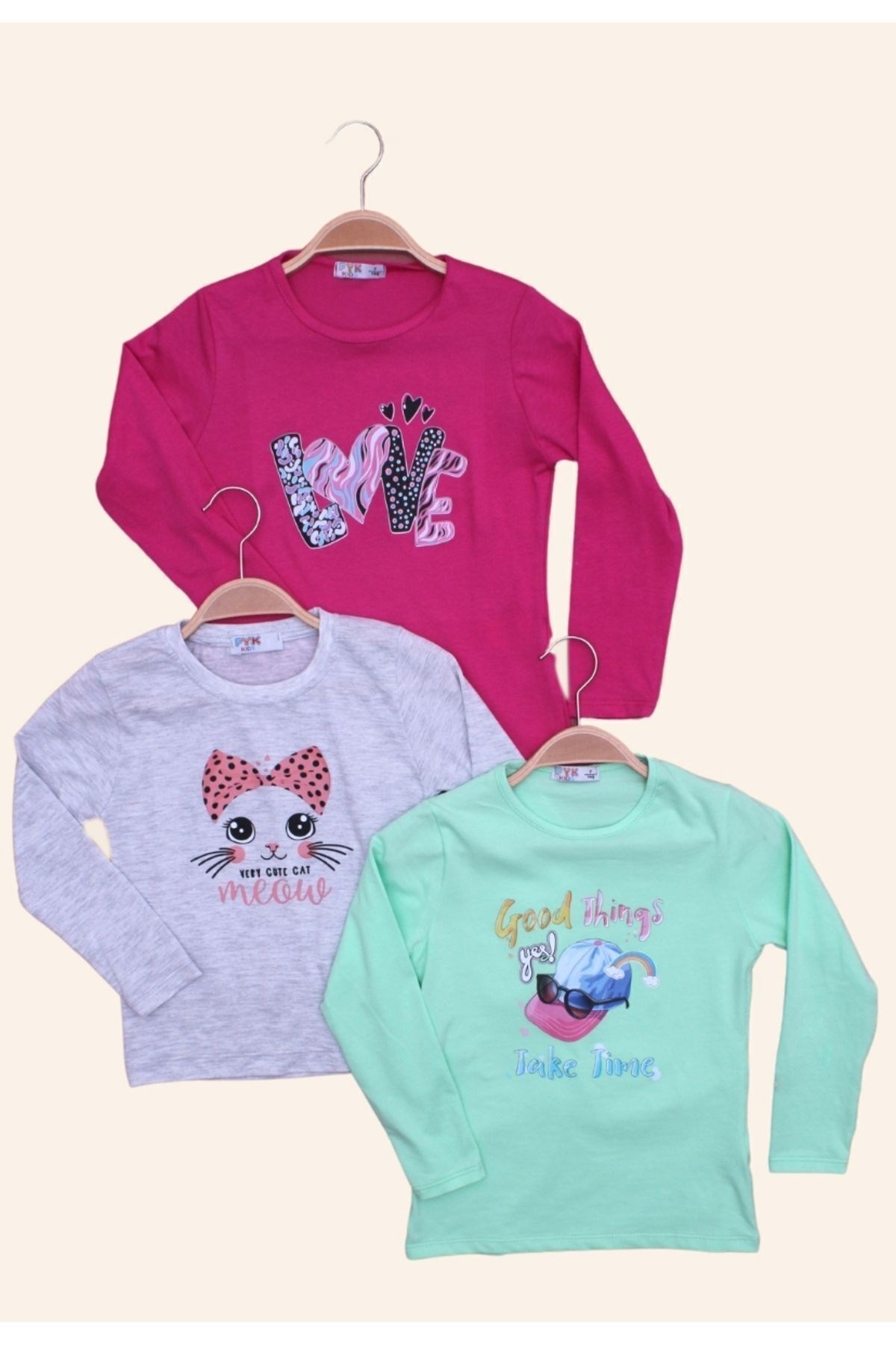 Kız Çocuk Uzun Kol Basic 3'lü Sweatshirt