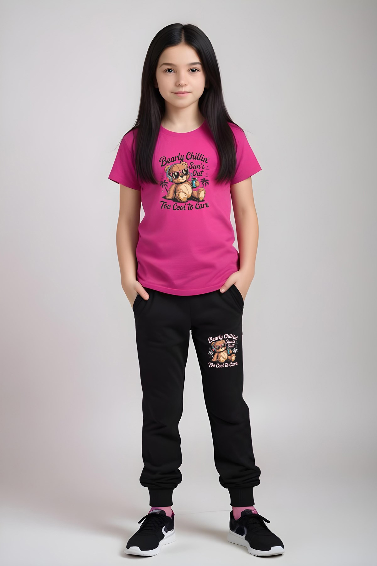 KIZ ÇOCUK YUVARLAK YAKA BASKILI BEARLY CHİLLİN ALT-ÜST PİJAMA TAKIMI