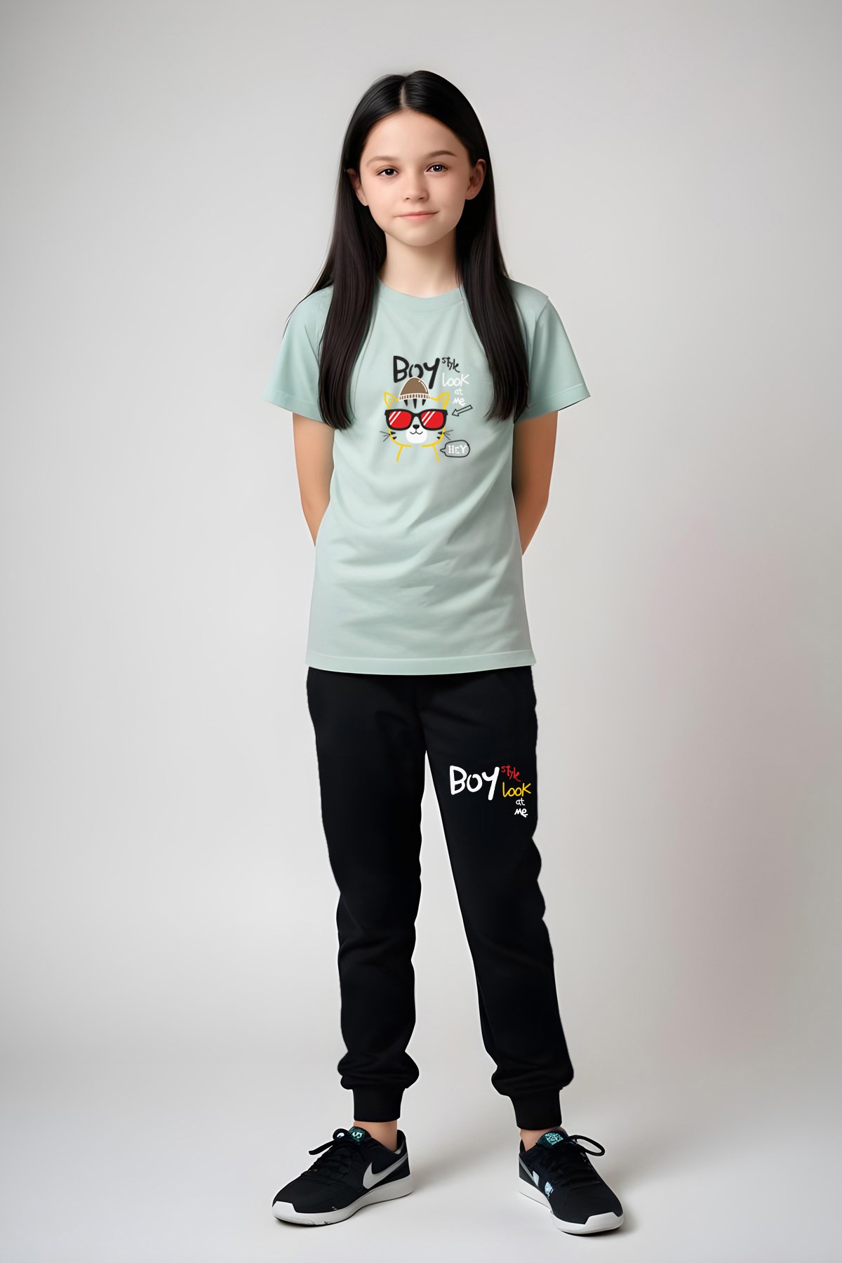 KIZ ÇOCUK YUVARLAK YAKA BASKILI  BOY CAT  ALT-ÜST PİJAMA TAKIMI