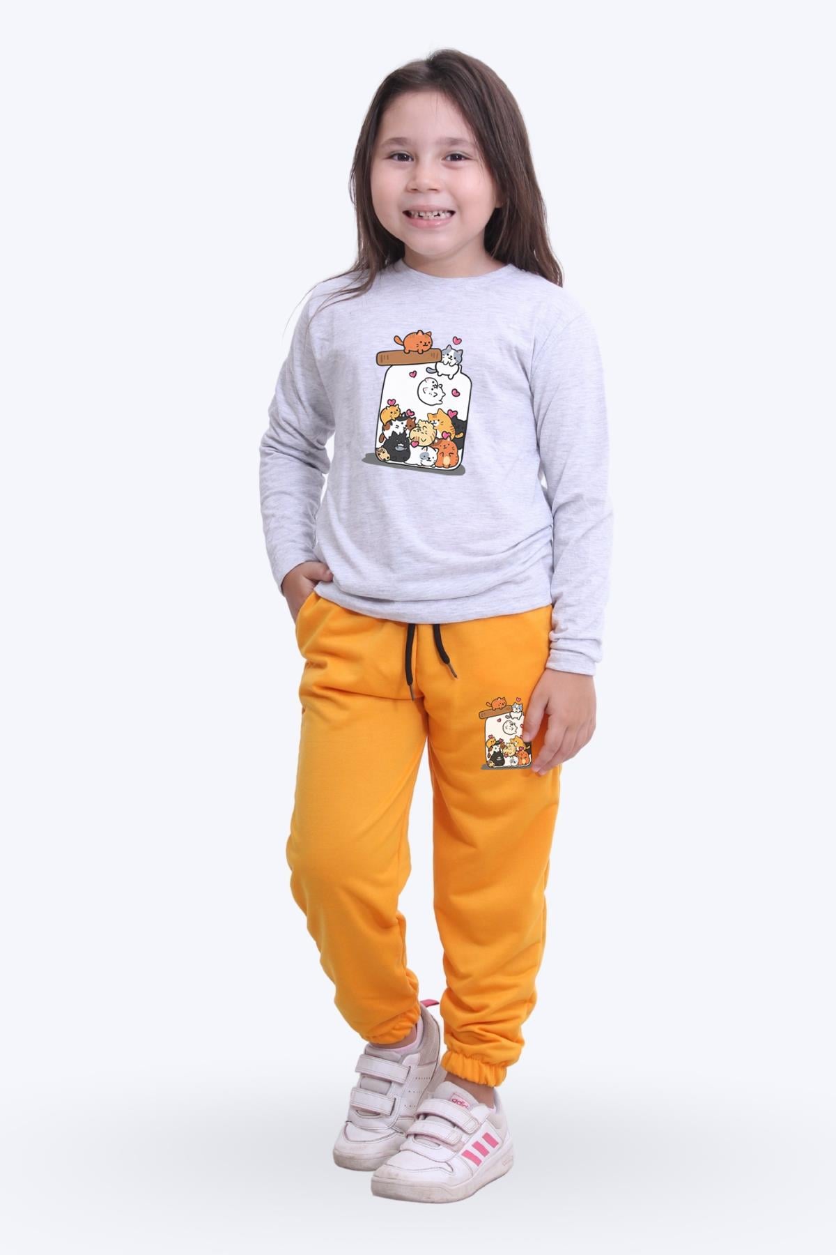 Kız Çocuk Yuvarlak Yaka Kedi Baski Detayli Alt-üst Pijama Takimi