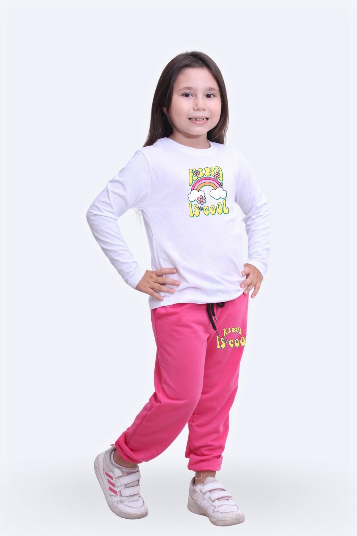 Kız Çocuk Yuvarlak Yaka Kind Is Cool Baski Detayli Alt-üst Pijama Takimi
