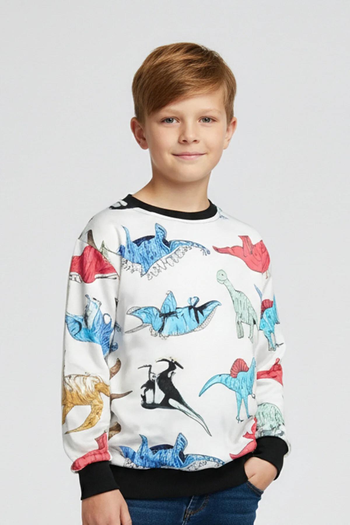 Sıfır Yaka Dinozor Desenli Erkek Çocuk Sweatshirt