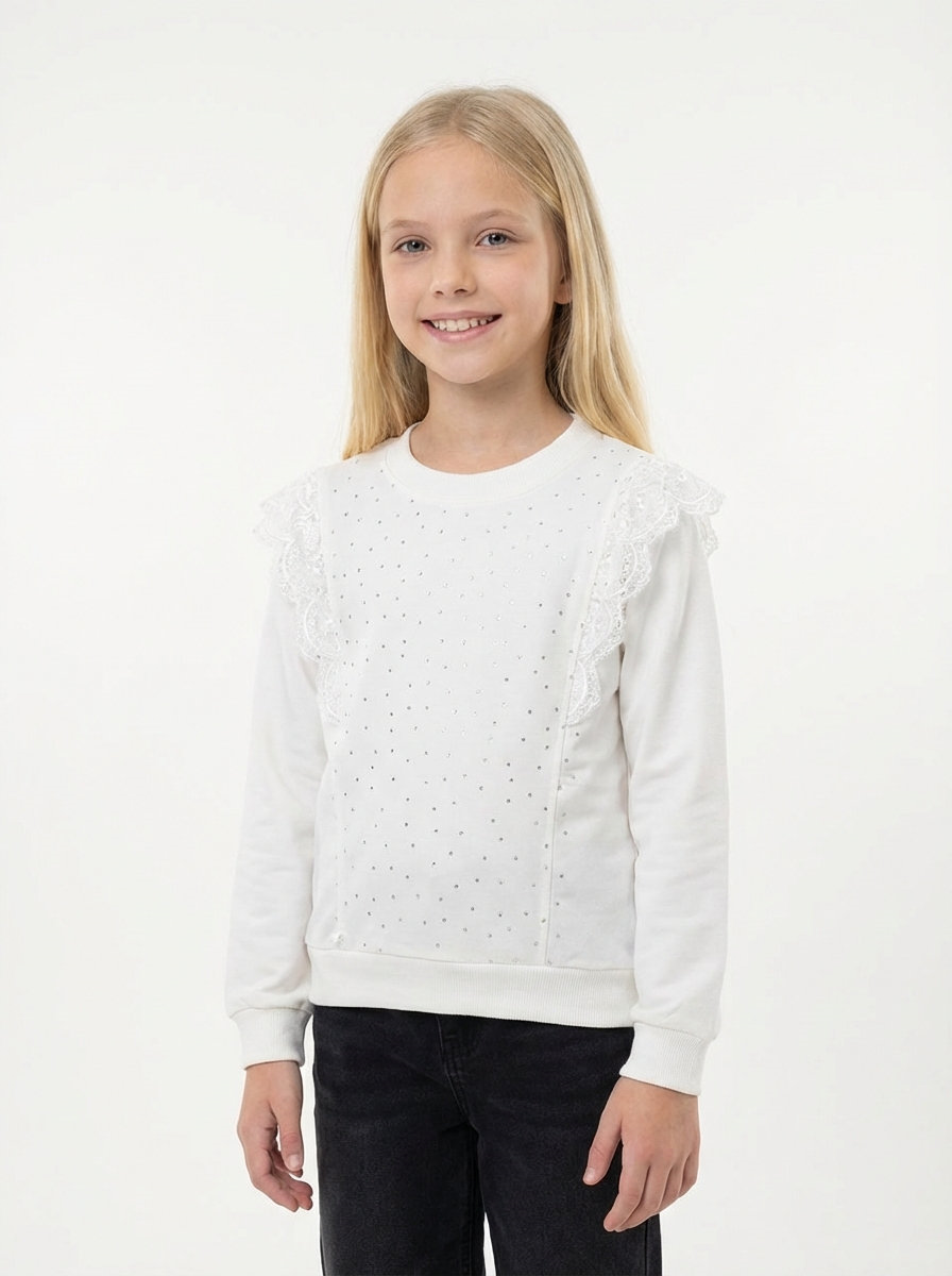 Taş ve Dantel Detaylı Kız Çocuk Beyaz Sweatshirt