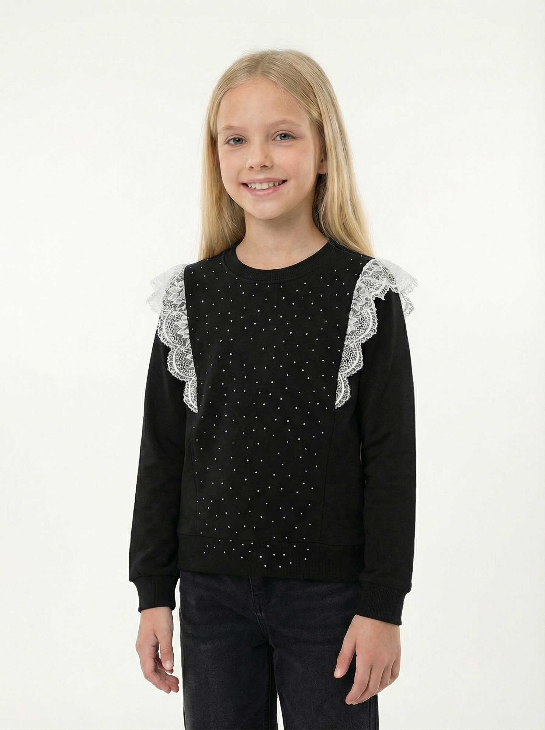 Taş ve Dantel Detaylı Kız Çocuk Siyah Sweatshirt