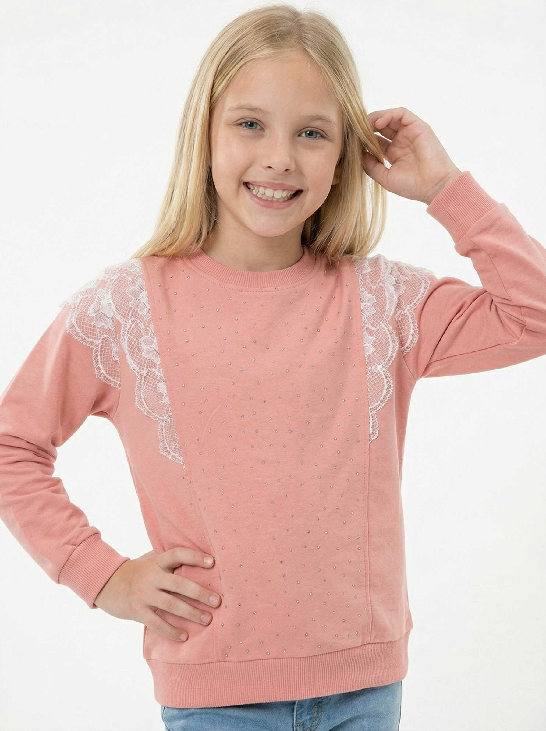 Taş ve Dantel Detaylı Kız Çocuk Yavruağzı Sweatshirt
