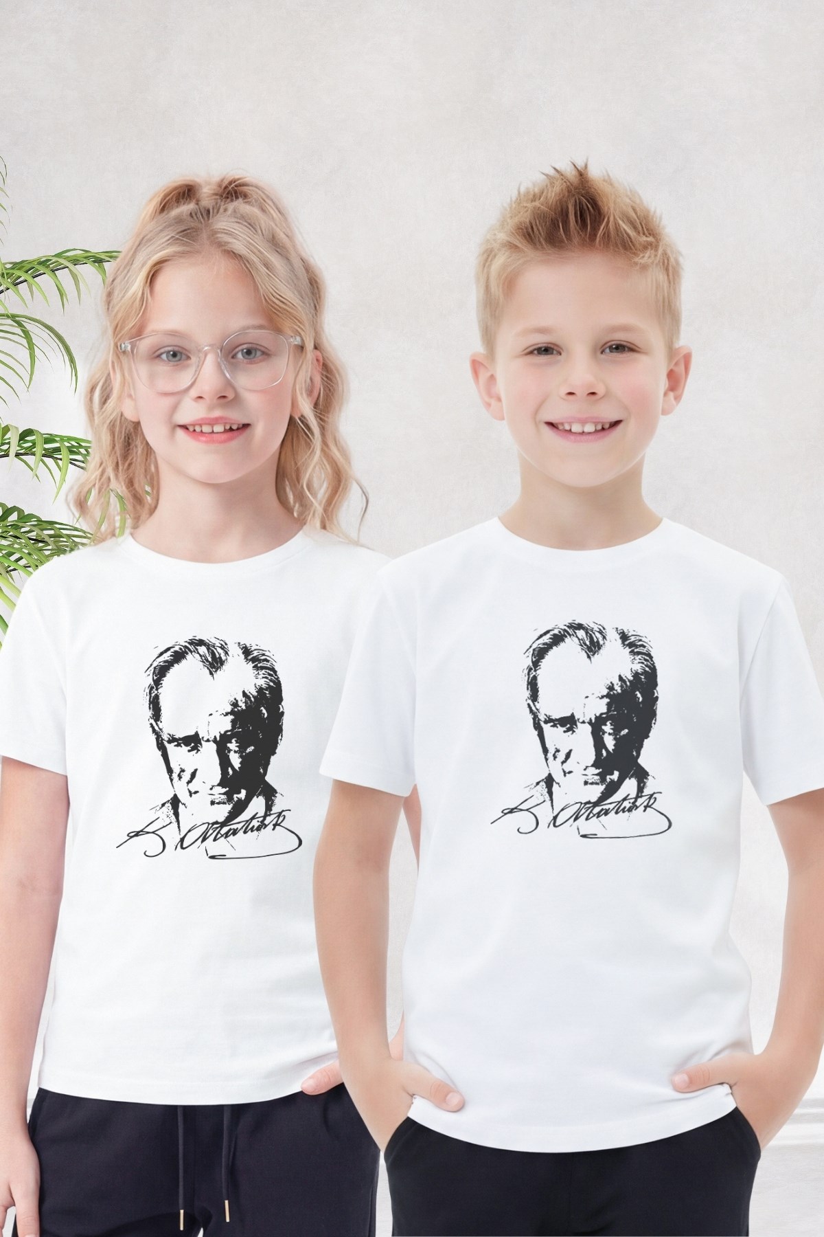 Tekli Atatürk, İmza ve Bayrak Baskı Temalı Kısa Kollu Unisex Çocuk Tişört