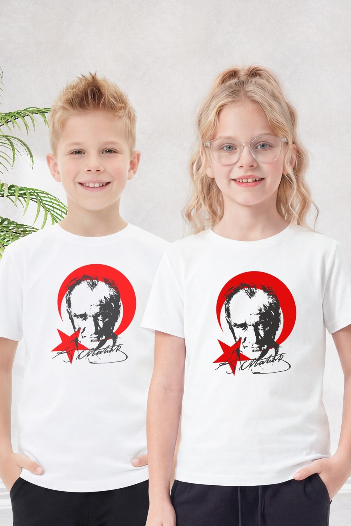 Tekli Atatürk, İmza ve Bayrak Baskı Temalı Kısa Kollu Unisex Çocuk Tişört