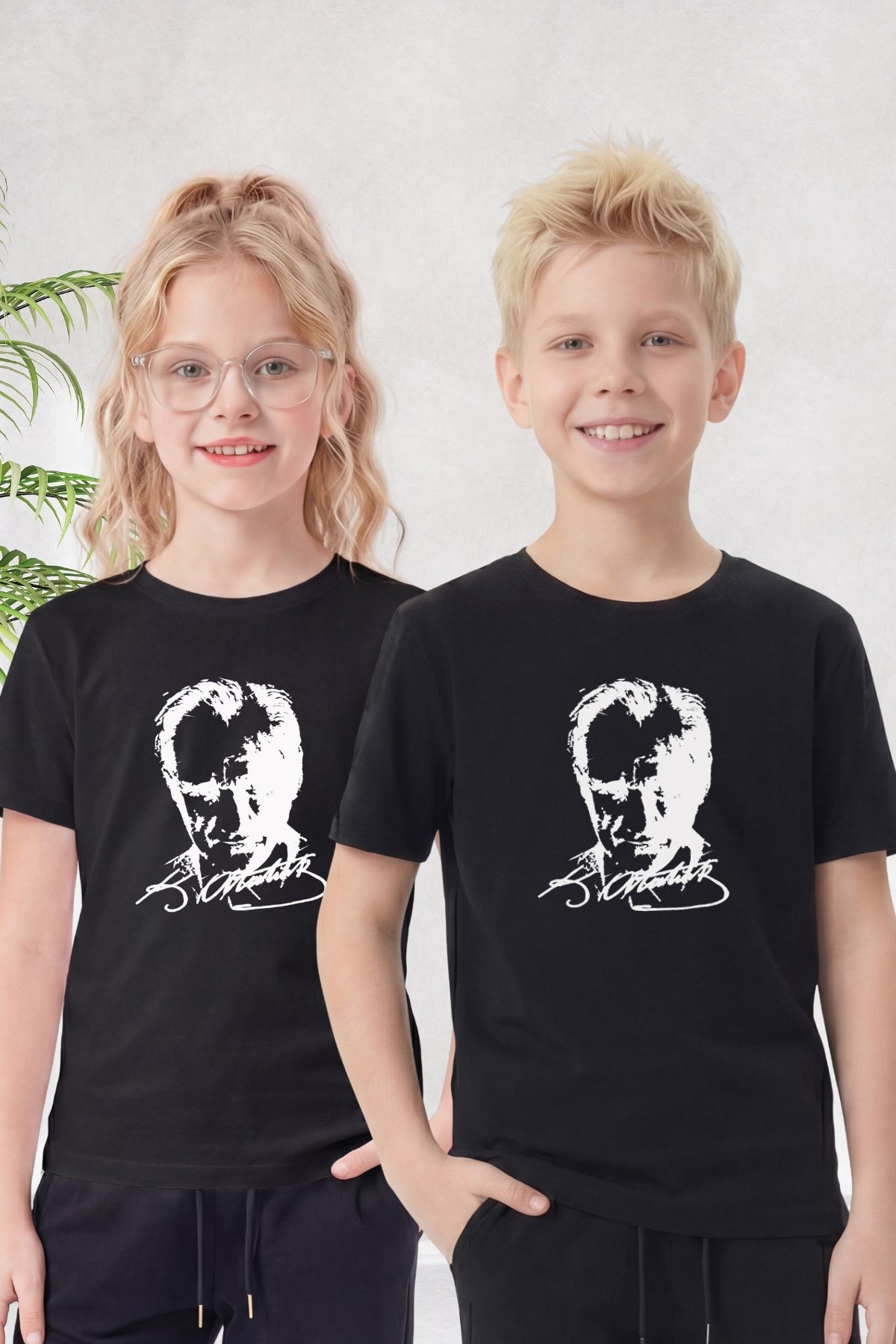 Tekli Atatürk, İmza ve Bayrak Baskı Temalı Kısa Kollu Unisex Çocuk Tişört
