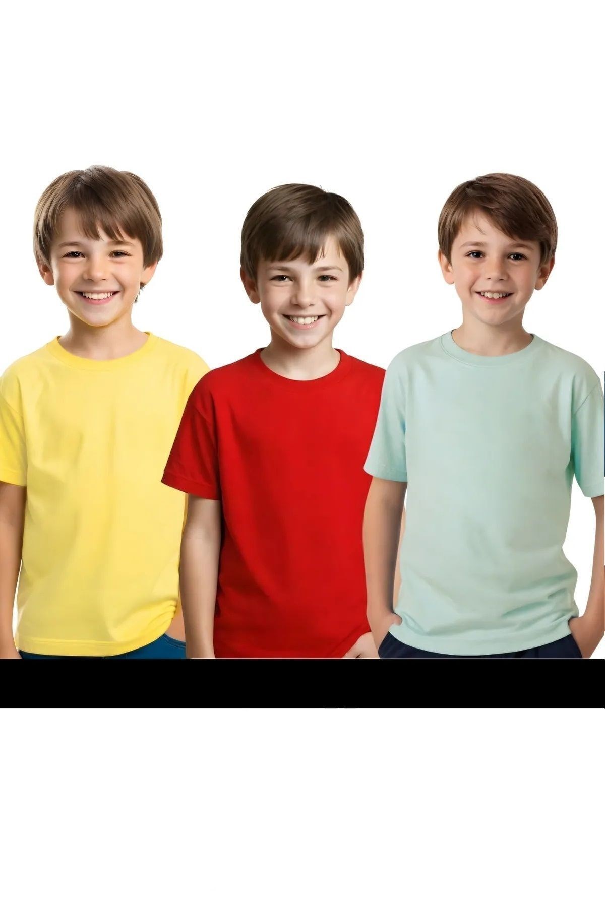 Unisex 3 lü Çocuk Düz Basic Kısa Kollu T-Shirt