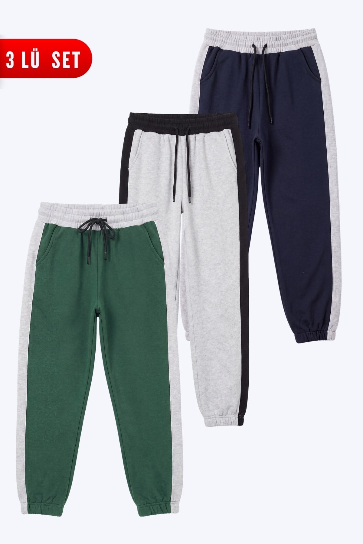 Unisex Çocuk 3'lü Şerit Detaylı Beli Bağcıklı Lastik Paça Eşofman Altı Seti
